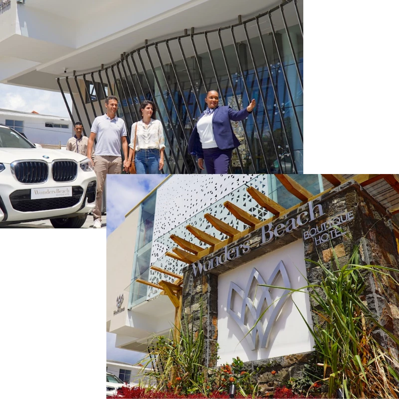 Elegant entrance and front facade of Wonders Beach 5-star hotel in Mauritius, welcoming guests with luxury service and modern architecture near Grand Baie.